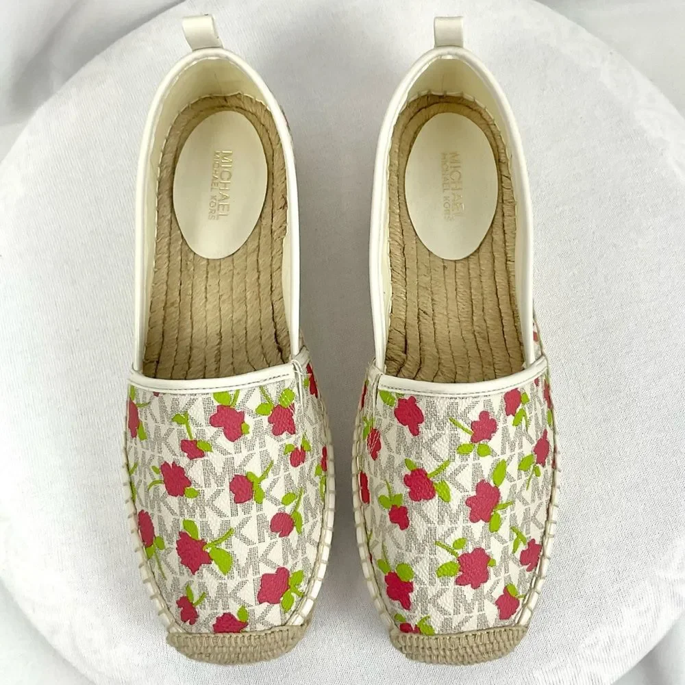 Michael Kors Lenny Espadrille Slip On Shoes Sz 7.5 M New Rose & Signature Flats